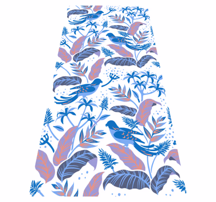 Alfombra vinílica flores aves azules y rosas en hojas - TenVinilo