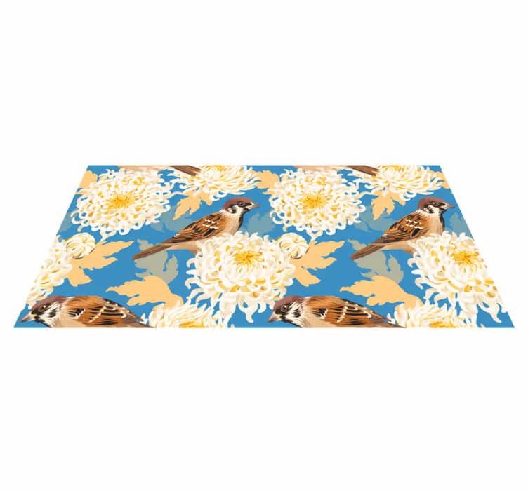 Alfombra vinílica flores aquarella pájaros y hojas - TenVinilo