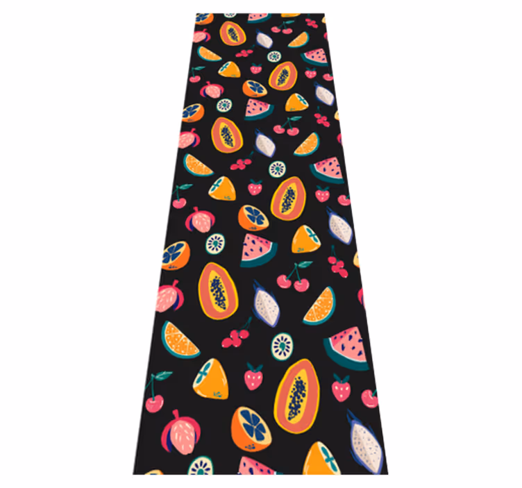 Alfombra vinílica dormitorio frutas multicolor sobre negro - TenVinilo