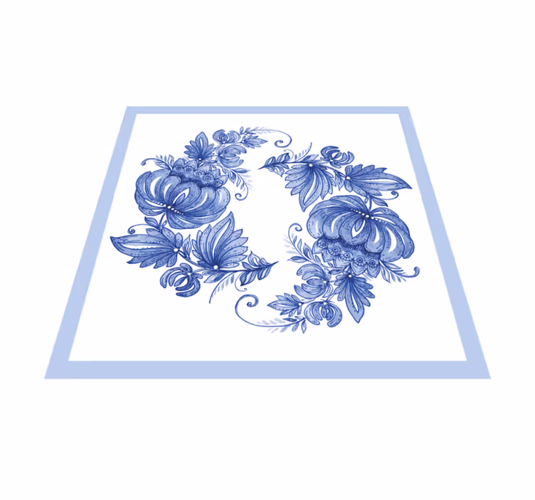Alfombra vinílica baño ornamento horezu azul y blanco - TenVinilo