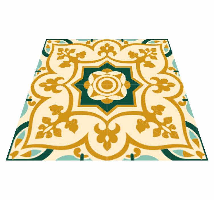 Alfombra vinílica baño patrón de azulejos dorados y verdes - TenVinilo
