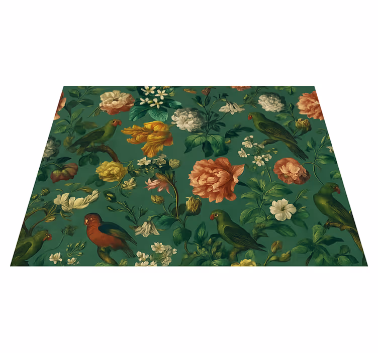 Alfombra vinílica dormitorio diseño flores y pájaros verdes - TenVinilo