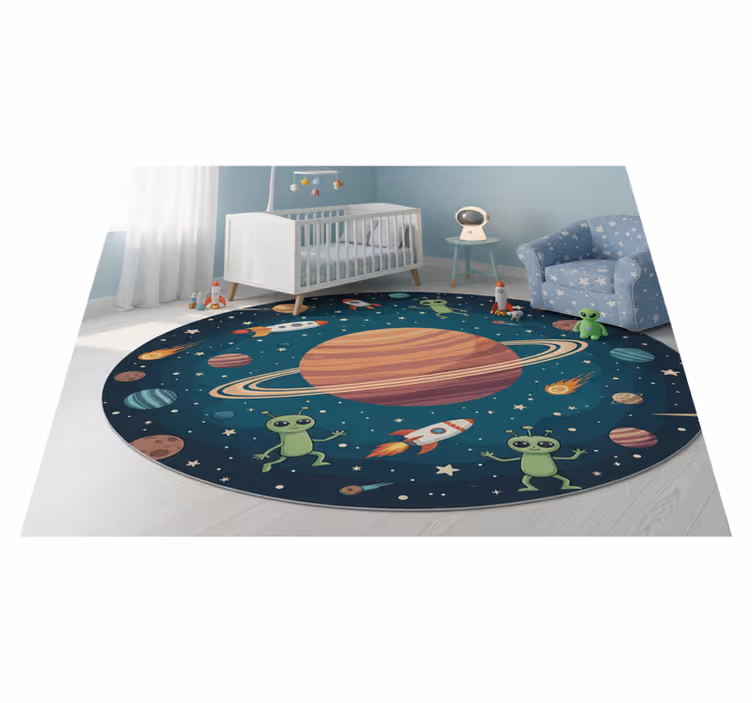 Alfombra vinílica dormitorio planeta nuevo con aliens - TenVinilo