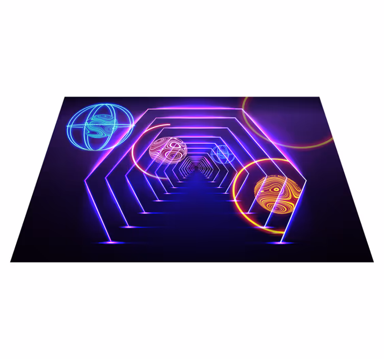 Alfombra vinílica morada vista de túnel hexagonal neon - TenVinilo