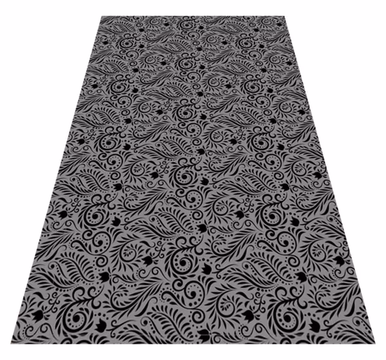 Alfombra vinílica negra con patrones de espirales ornados - TenVinilo