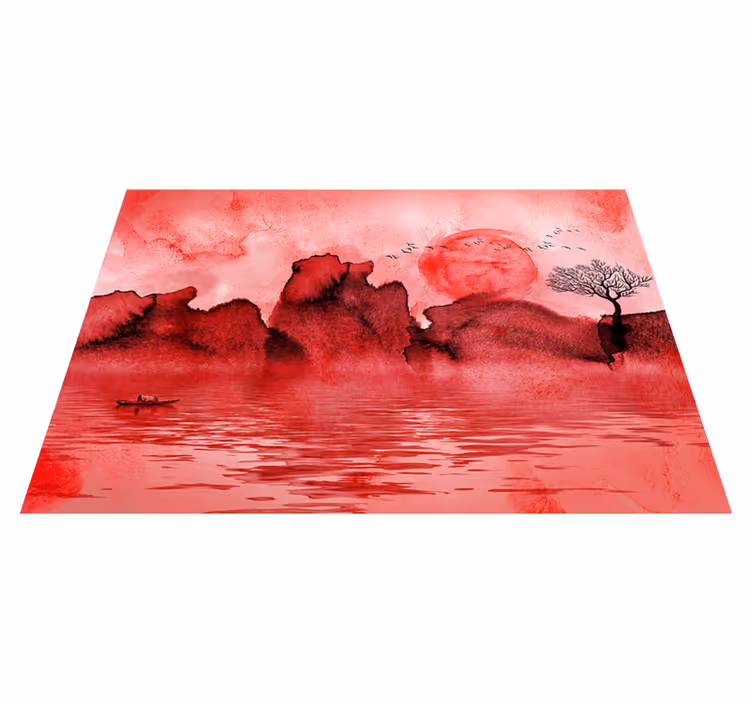 Alfombra vinílica roja paisaje de tinta china - TenVinilo