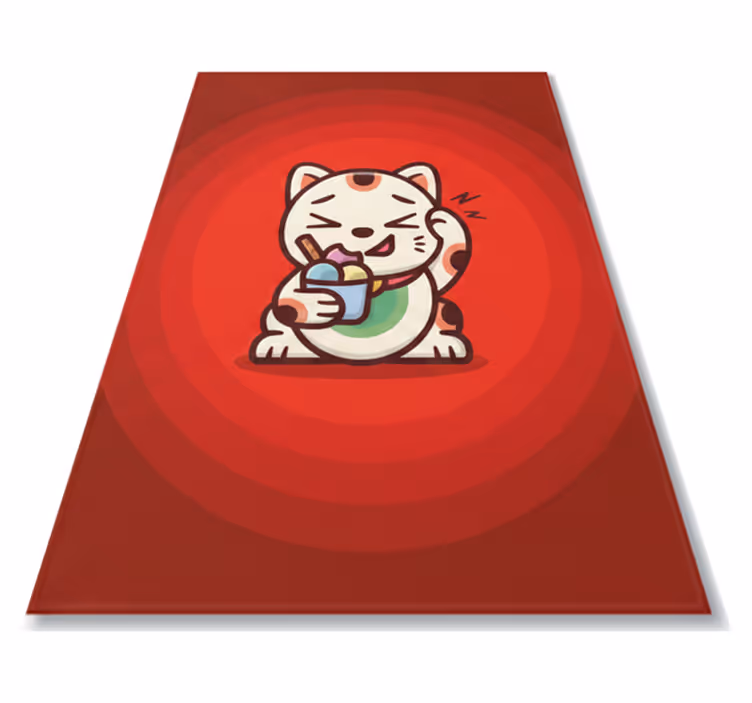 Alfombra vinílica roja gato adorable con helado - TenVinilo