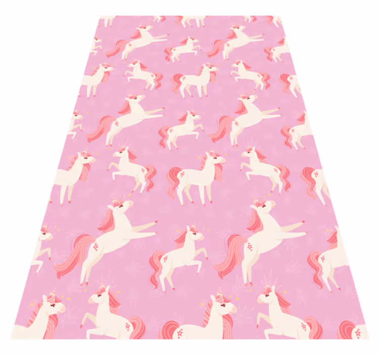 Alfombra vinílica rosa pastel de unicornios con plantas - TenVinilo