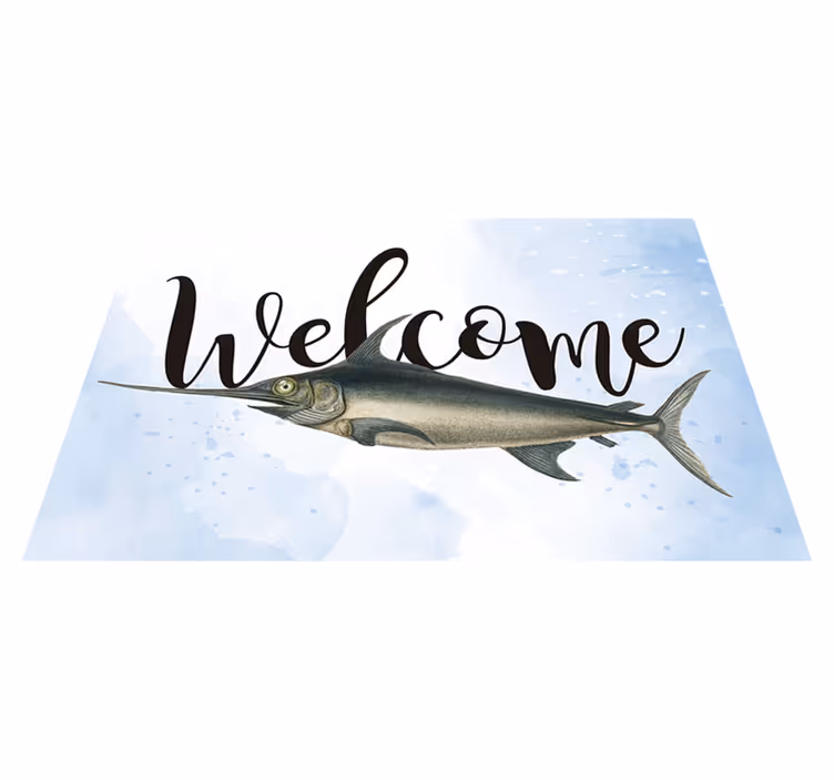 Alfombra vinílica frase bienvenido pescado ilustración - TenVinilo
