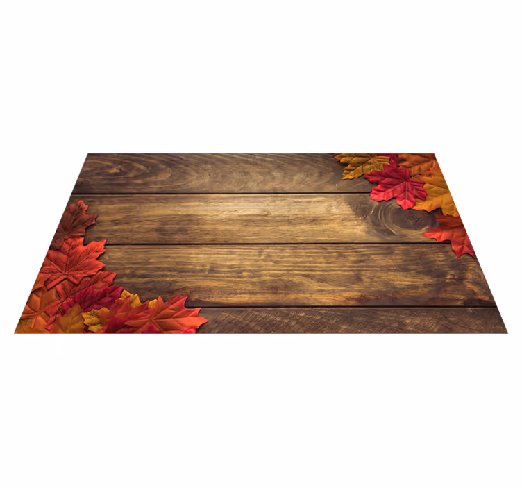 Alfombra vinílica entrada madera con hojas otoño - TenVinilo