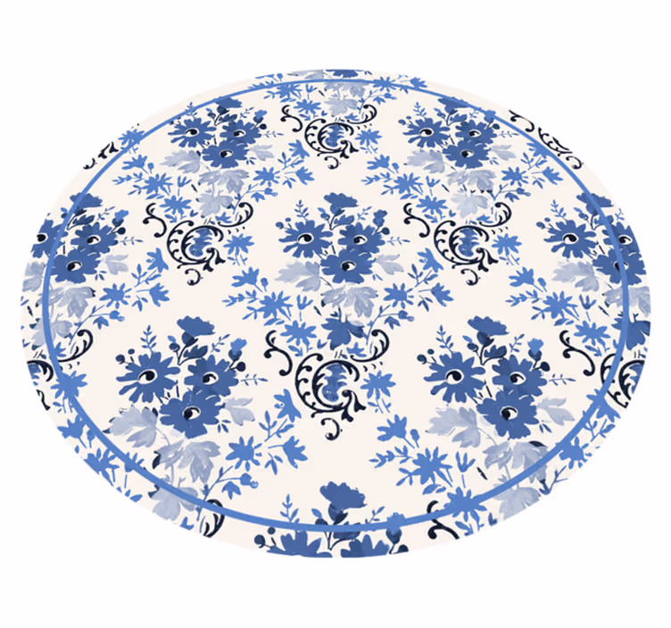 Alfombra vinílica redonda estampado floral azul - TenVinilo