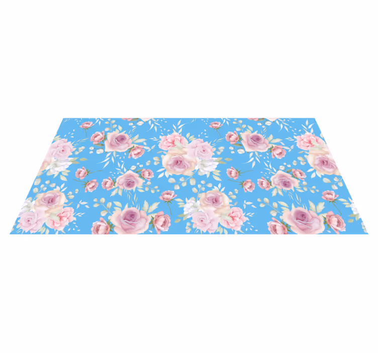 Alfombra vinílica flores rosas sobre fondo azul - TenVinilo