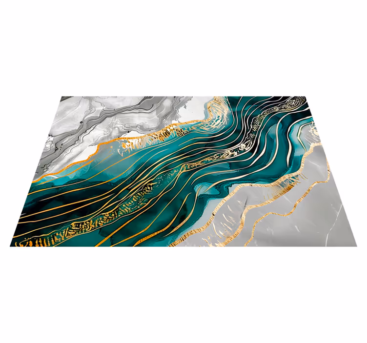 Alfombra vinílica imitación mármol gris y verde con efecto dorado - TenVinilo