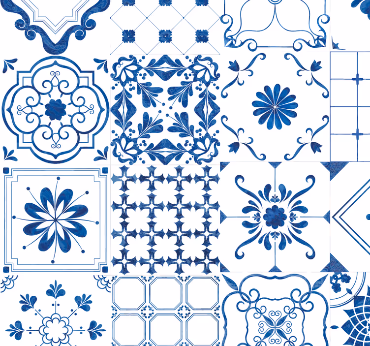 Papel mural azulejos intrincado motivo azul y blanco - TenVinilo
