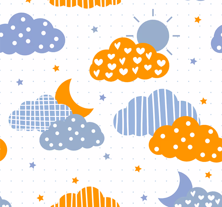 Papel mural infantil nubes azules y naranjas y sol - TenVinilo