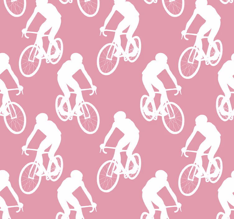 Papel mural rosa patrón de ciclistas blancos - TenVinilo