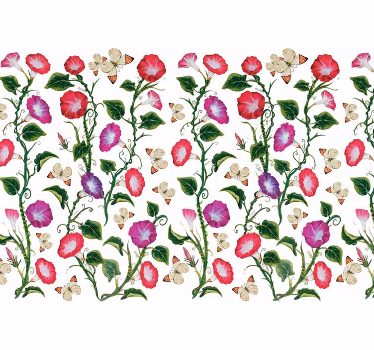 Papel pintado flores de forma de trompeta rosa y morada - TenVinilo