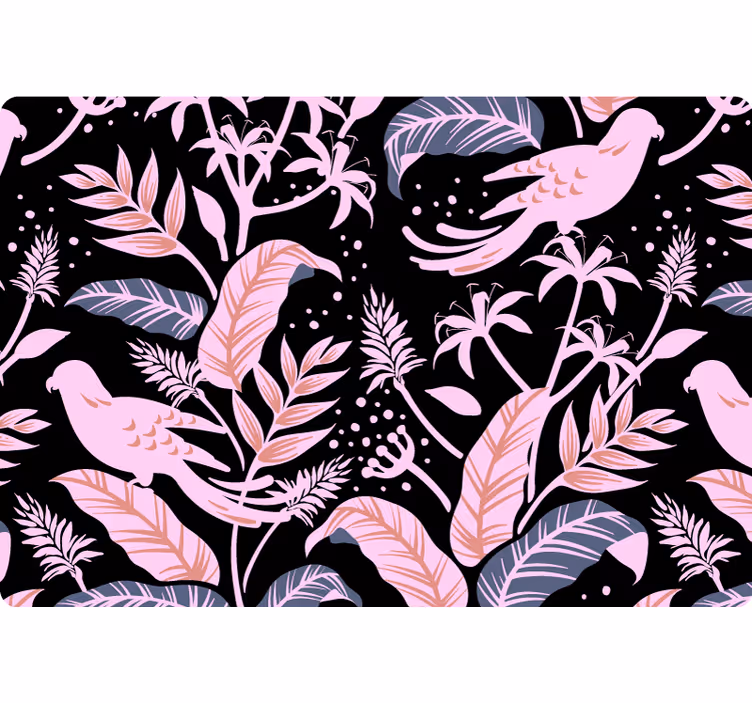 Papel mural naturaleza aves negras y rosas sobre hojas - TenVinilo