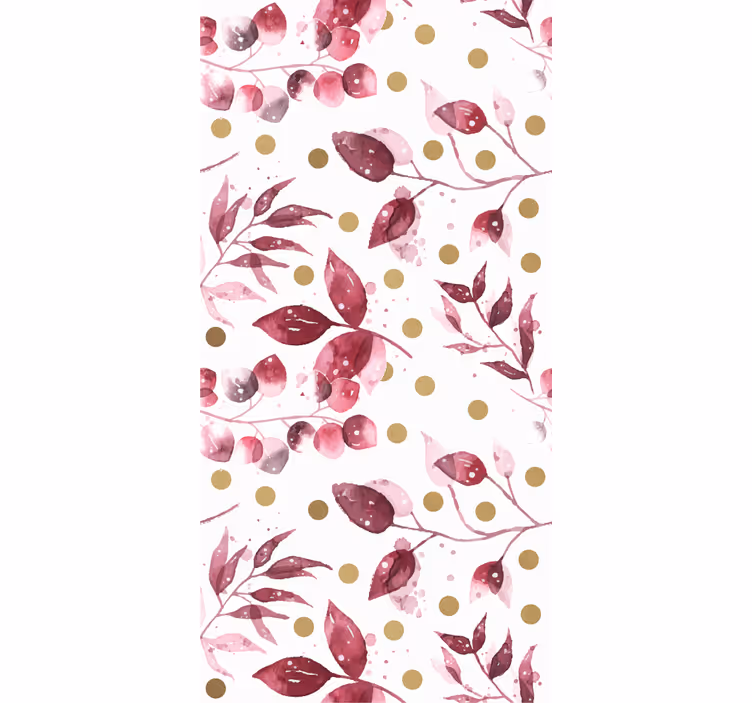 Papel mural dormitorio hojas burdeos con puntos dorados - TenVinilo