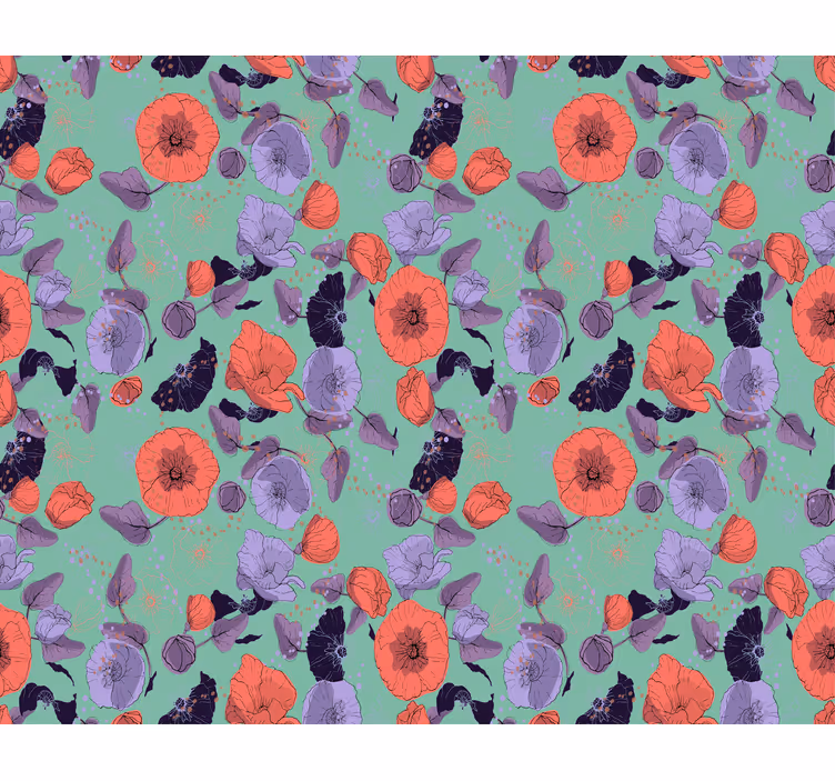 Papel pintado flores amapolas azules y rojas - TenVinilo