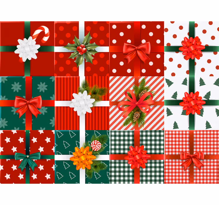 Papel mural navideño con patrones de regalos festivos - TenVinilo