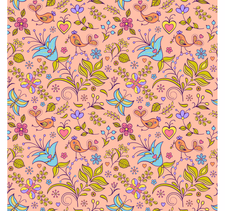 Papel mural naturaleza patrón floral con aves y mariposas - TenVinilo