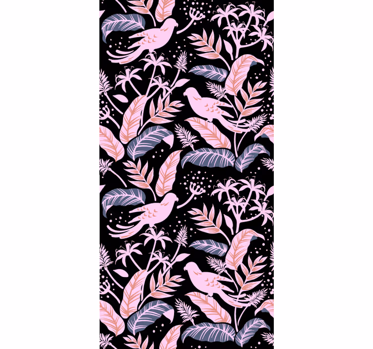 Papel mural infantil pájaros negros y rosas sobre hojas - TenVinilo