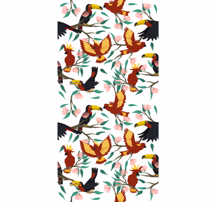 Papel mural infantil con loros y tucanes voladores - TenVinilo