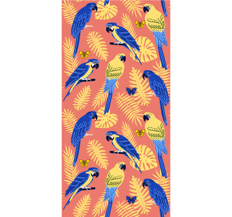 Papel mural infantil loros y mariposas en hojas tropicales - TenVinilo
