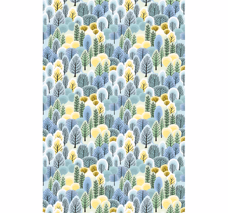 Papel mural nórdico árboles artísticos verdes y amarillos - TenVinilo