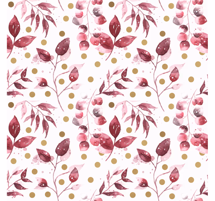 Papel pintado flores hojas burdeos con puntos dorados - TenVinilo