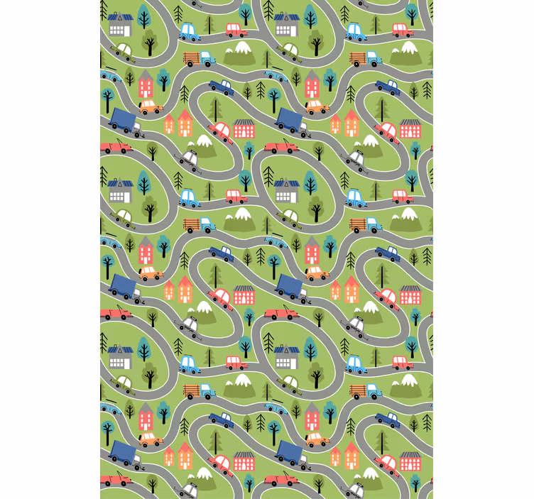 Papel mural infantil carreteras de vehículos coloridos - TenVinilo