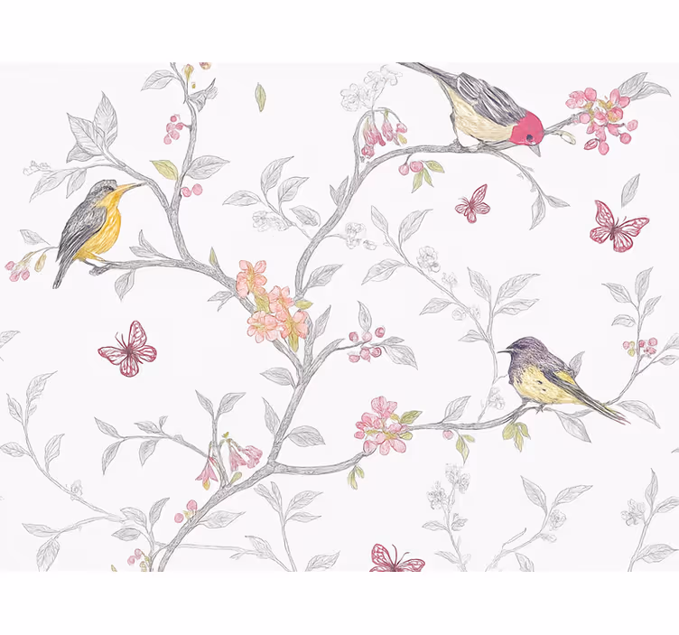 Papel mural dormitorio matrimonio pájaros en ramas - TenVinilo