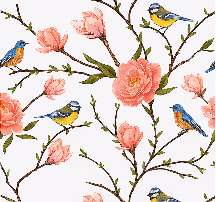 Papel mural pájaros canto de primavera y peonías - TenVinilo