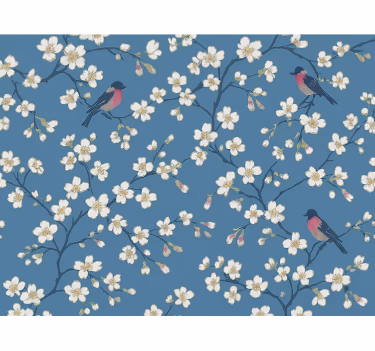 Papel pintado flores pájaros del huerto azul - TenVinilo