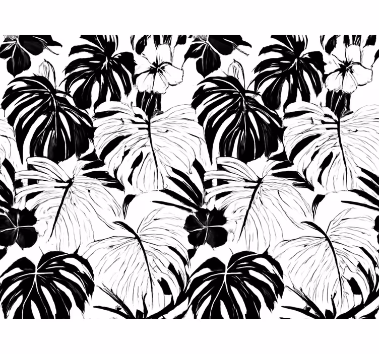 Papel mural living comedor hojas de palma en blanco y negro - TenVinilo