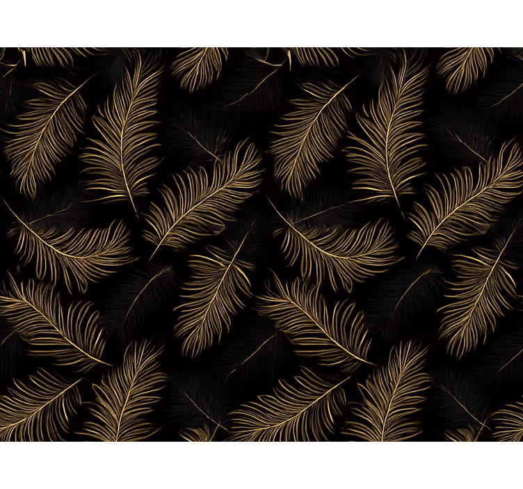 Papel mural living comedor negro con patrón de hojas doradas - TenVinilo