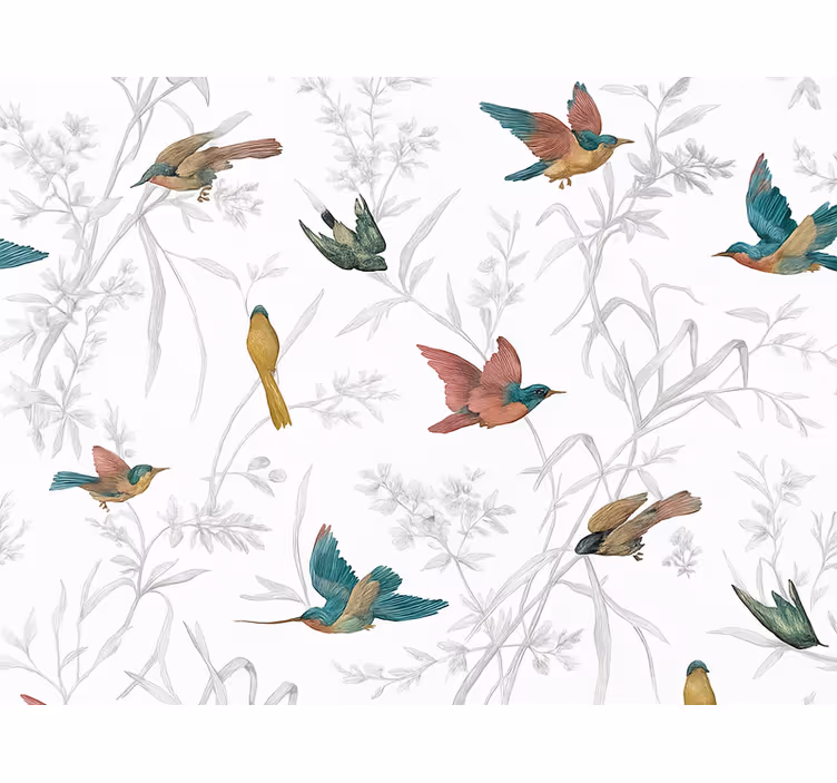 Papel mural living comedor patrón de pájaro y hoja - TenVinilo