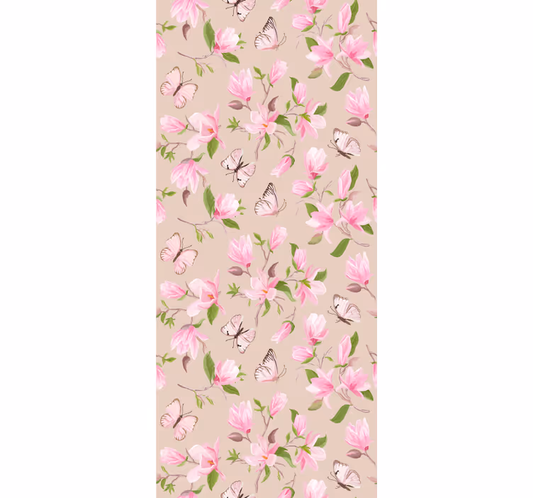 Papel mural floral diseño de magnolia rosa y mariposa - TenVinilo