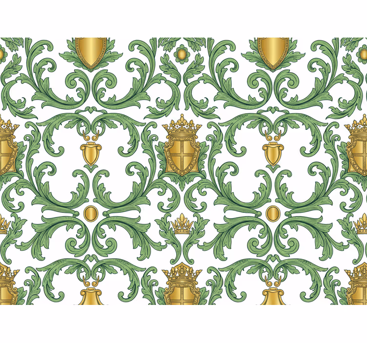 Papel mural barroco verde y dorado ornamental - TenVinilo