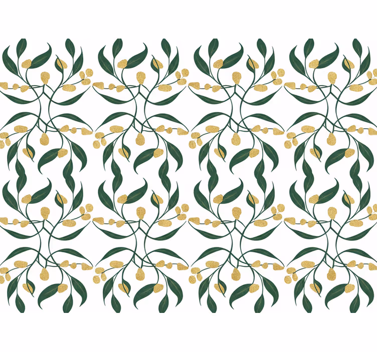 Papel mural hojas ramas verdes y doradas - TenVinilo