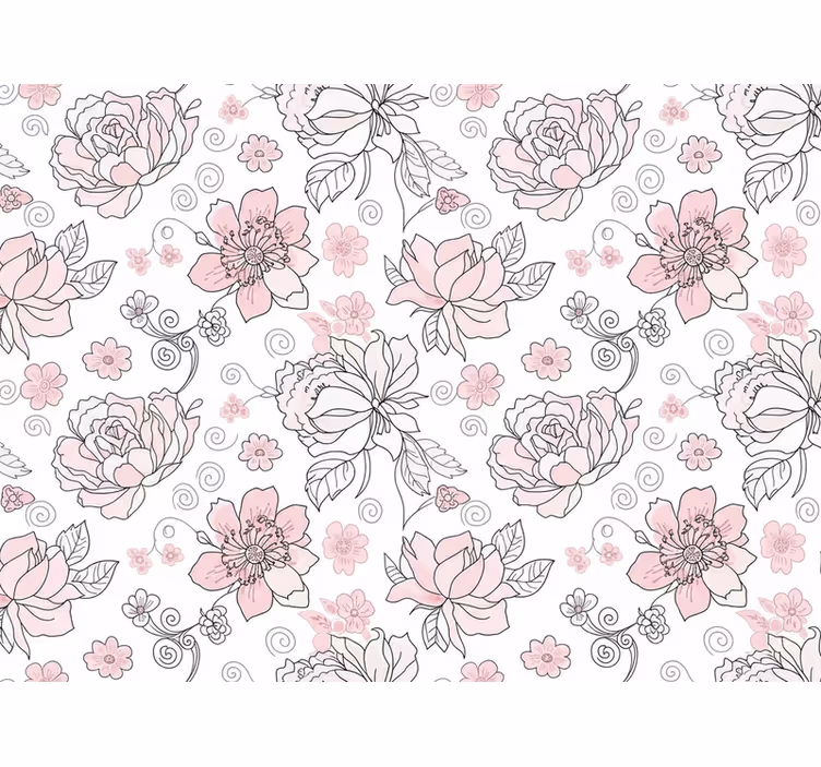 Papel mural hojas diseño floral negro y rosa - TenVinilo