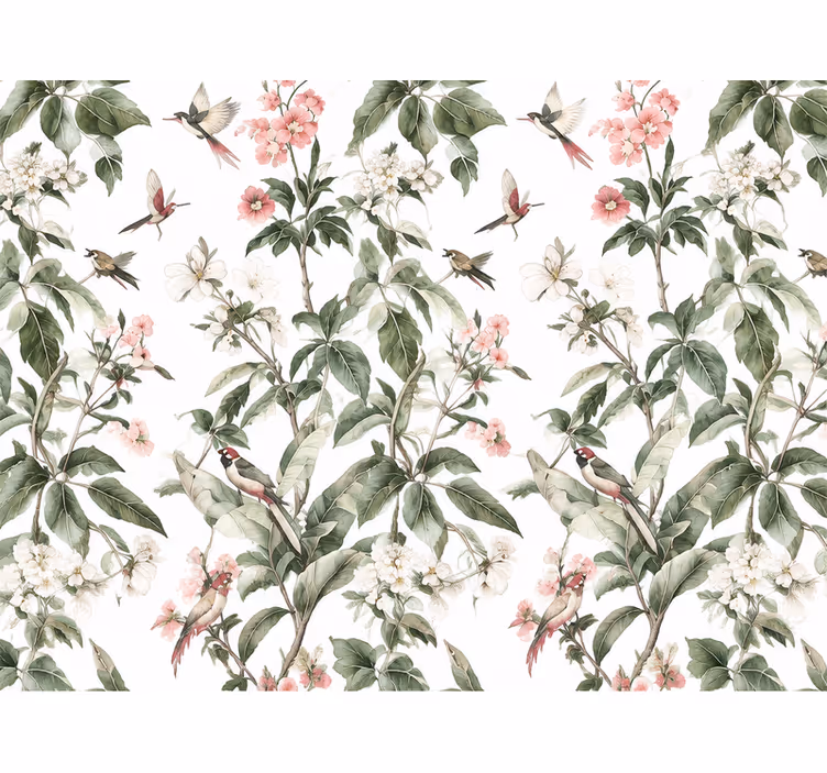 Papel mural hojas flores blancas y rosas - TenVinilo