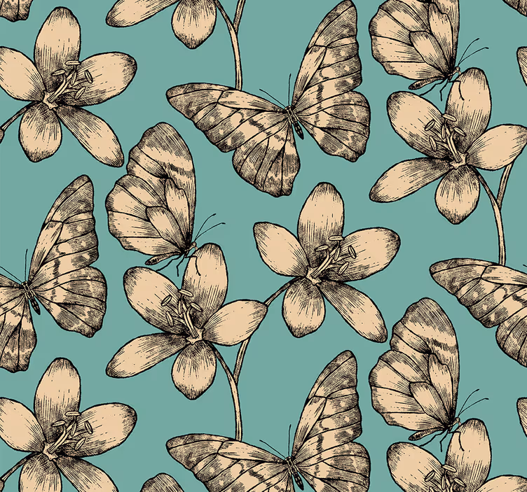 Papel mural mariposas flores beige sobre fondo azul - TenVinilo