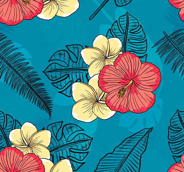 Papel pintado flores patrón de hibisco tropical - TenVinilo