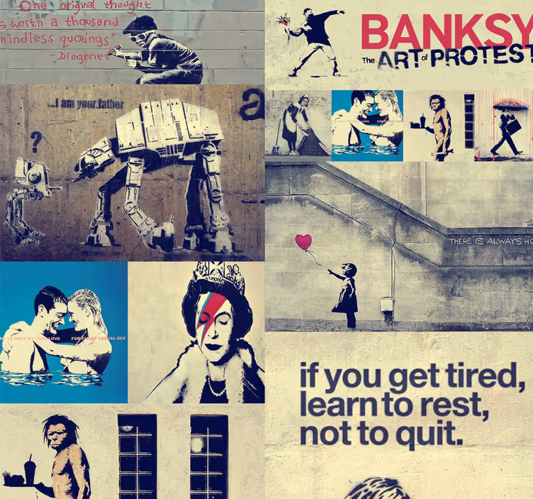 Papel pintado salón collage Banksy grafiti - TenVinilo