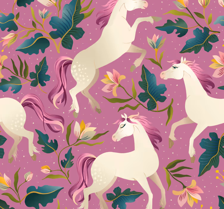 Papel mural caballos diseño floral de unicornio - TenVinilo