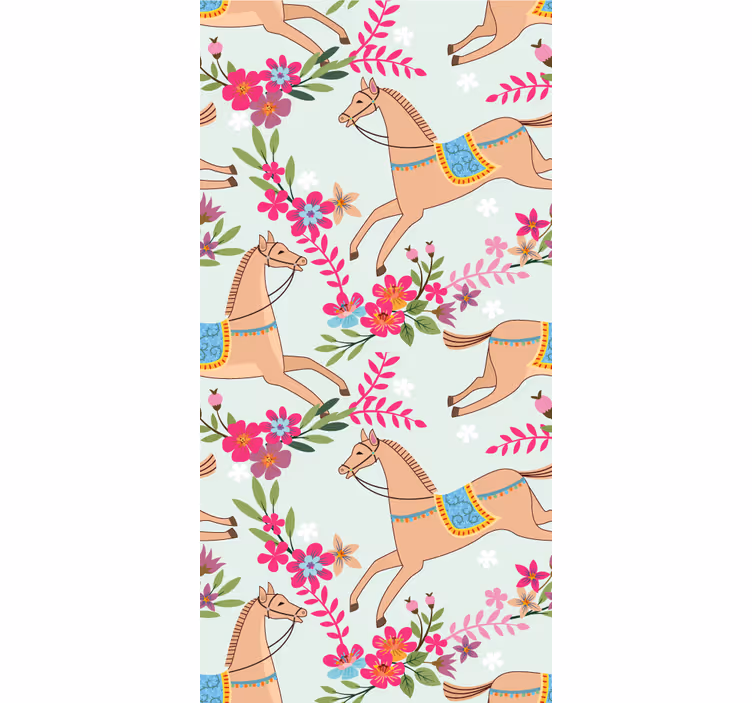 Papel pintado caballos Patrón de caballo de flores rosadas - TenVinilo