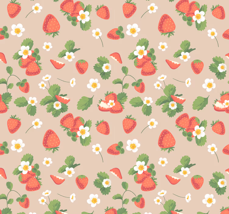 Papel pintado comedor patrón fresas y flores - TenVinilo