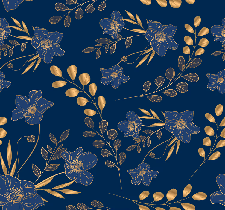 Papel mural Navy patrón de flores doradas - TenVinilo
